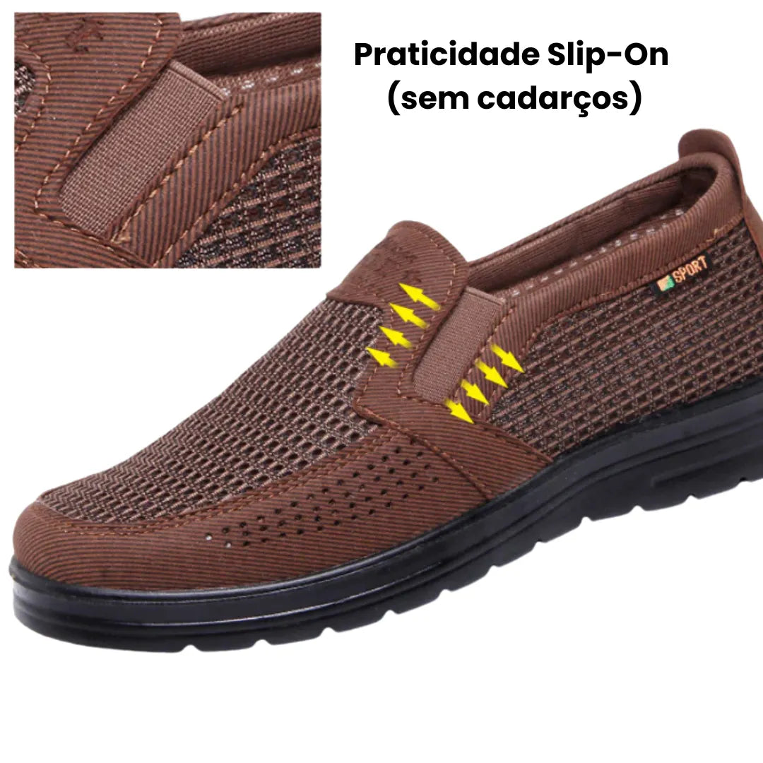Sapato Allegante Comfort em cor marrom – vista lateral com detalhe da praticidade slip on sem cadarços
