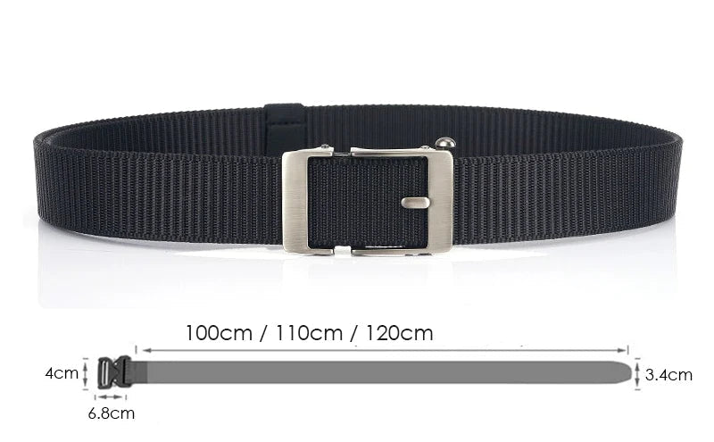 Cinto tático Basicalle Tactical preto estendido e afivelado, com informações de medida