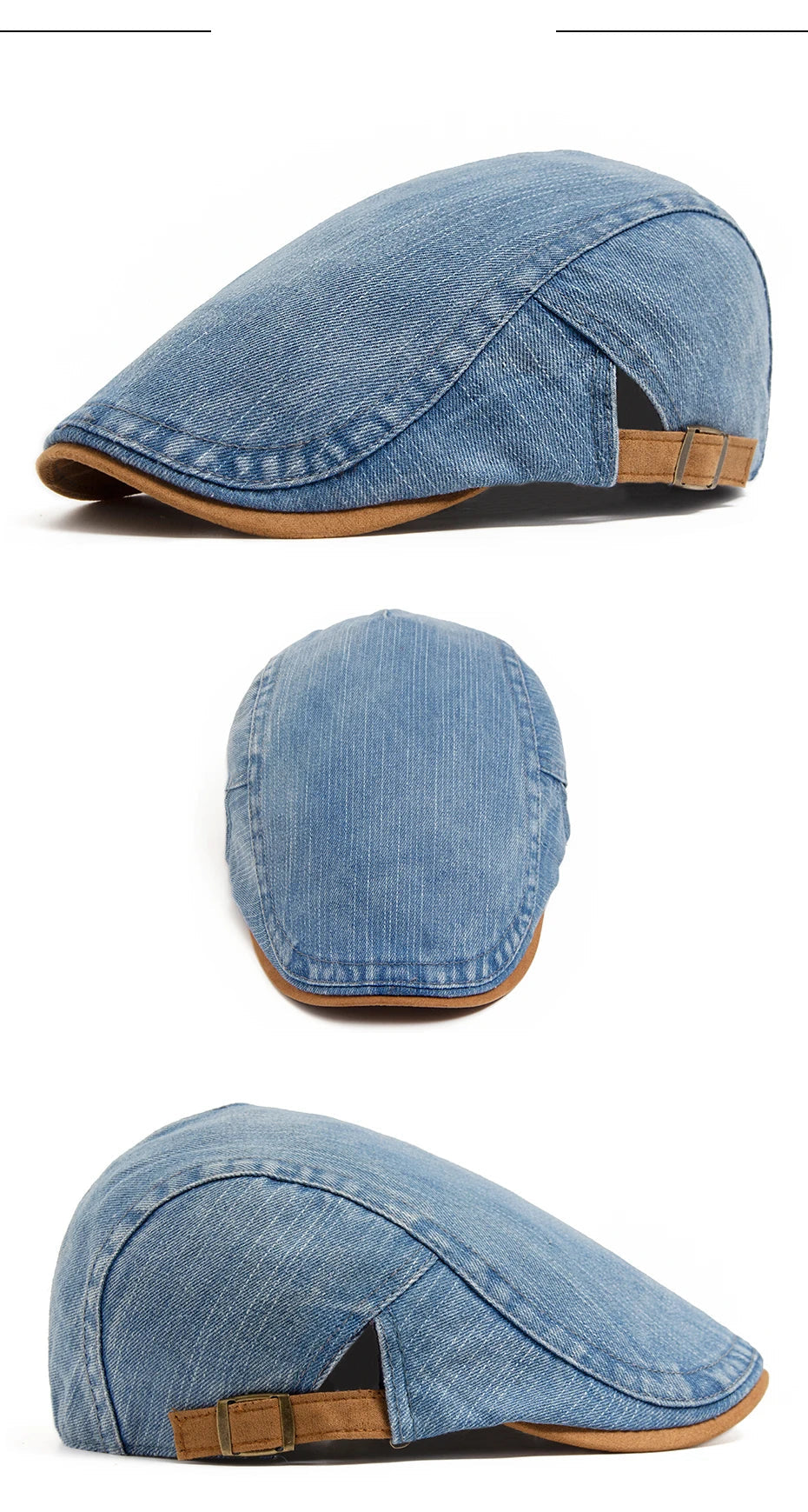 Boina Casualle Denim azul-claro em três ângulos