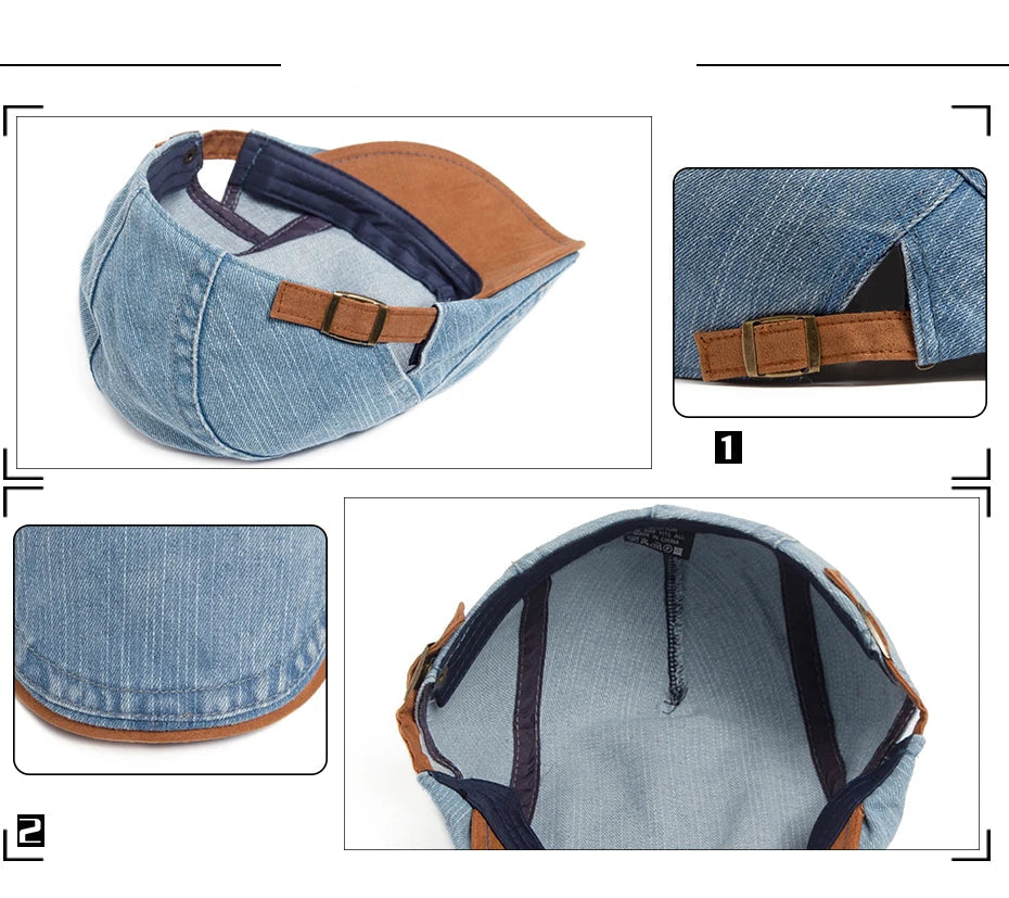 Detalhes de acabamento, fivela e forro da boina Casualle Denim