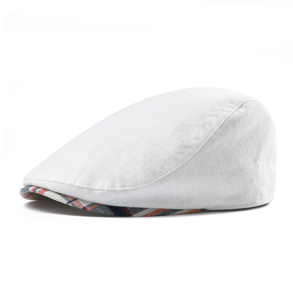Boina Masculina Inglesa 100% Linho Allegante Riviera branca em vista lateral, com forro xadrez