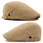 Boina flat cap cáqui vista de lado e de trás, com fivela de ajuste