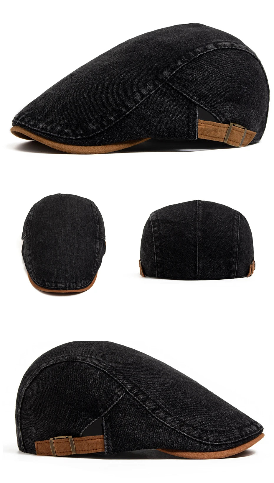 Boina Casualle Denim preta em três ângulos