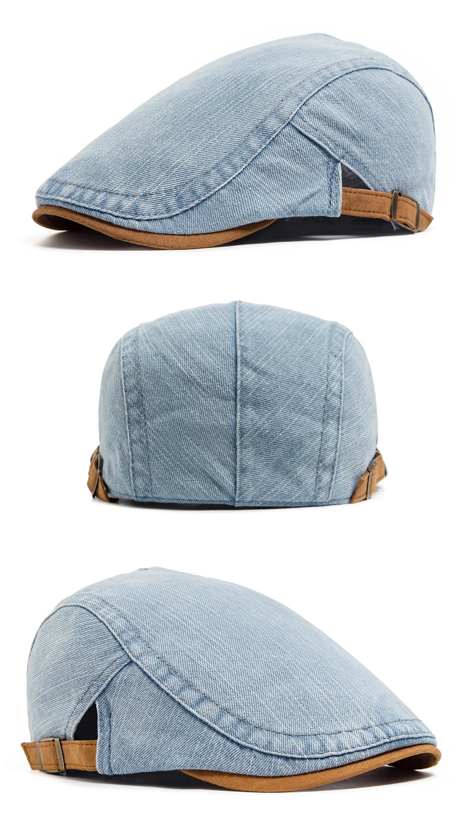 Boina Casualle Denim azul em três ângulos