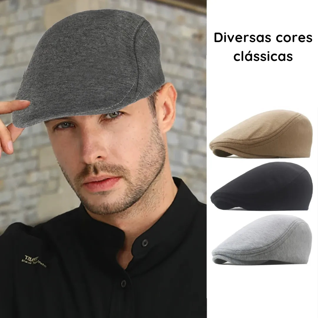 cores disponíveis da boina masculina basicalle e modelo utilizando a boina na cor cinza em ambiente interno