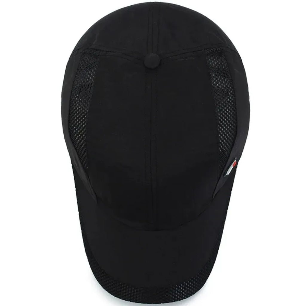Boné DryFit com Proteção Solar UV50+ Casualle Sport em vista superior, na cor preto