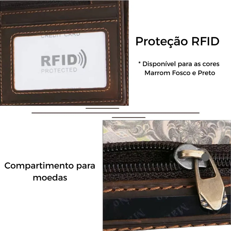 caracteristicas da Carteira de Couro Legítimo Anti RFID Allegante Leather II, com compartimento para moedas