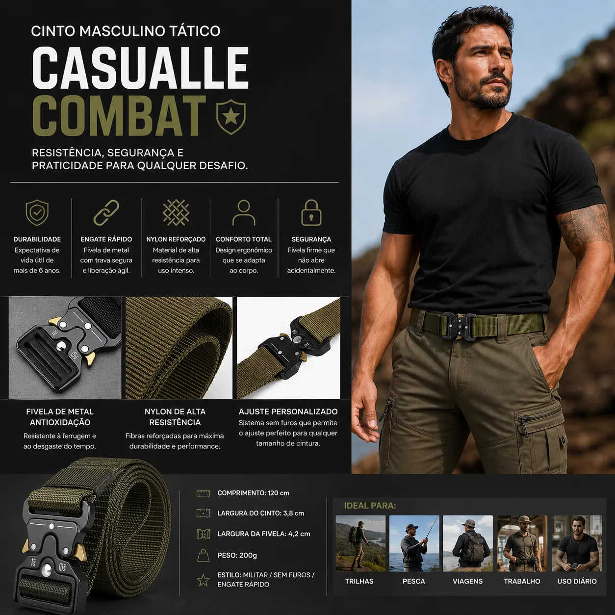 Cinto Tático Masculino Militar com Engate Rápido | Casualle Combat