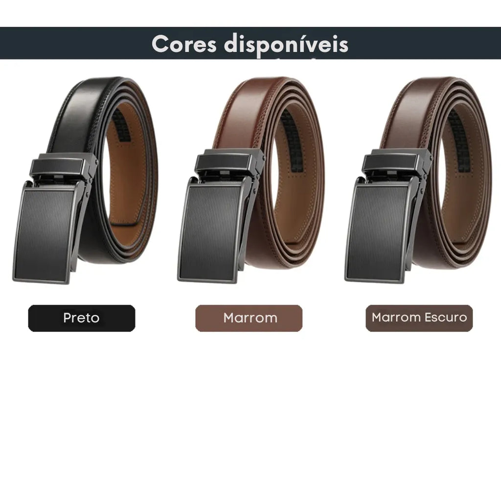 comparação entre as diversas cores disponíveis do cinto com fivela automática, cores preto, marrom e marrom escuro