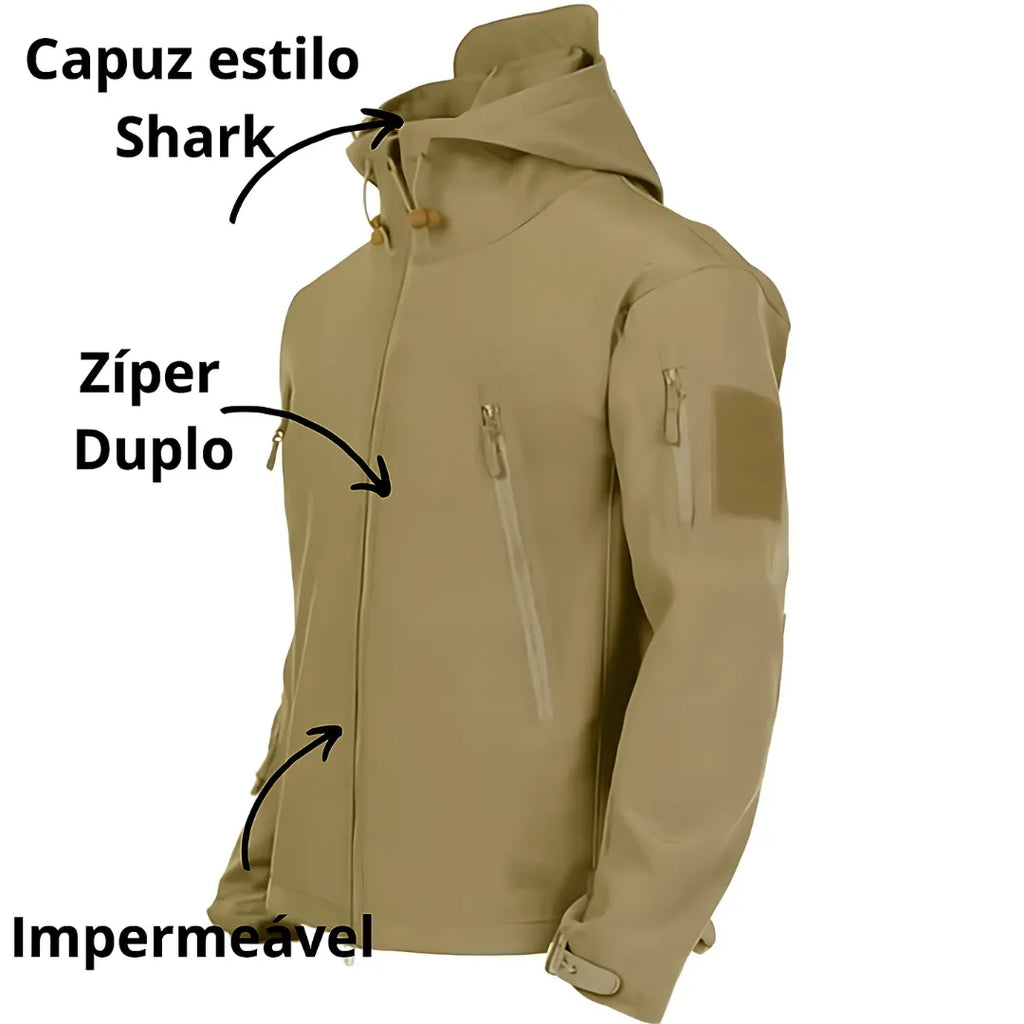 caracteristicas da jaqueta tatica, com fundo branco