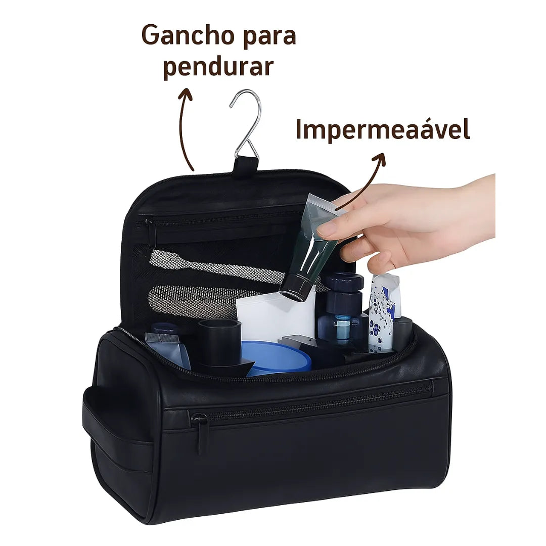 caracteristicas da necessaire na cor preto com itens dentro