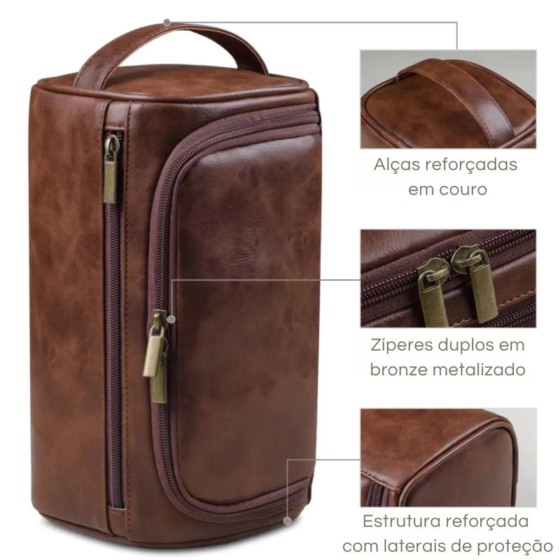 ziperes duplos e alças reforçadas da necessaire basicalle go na cor marrom