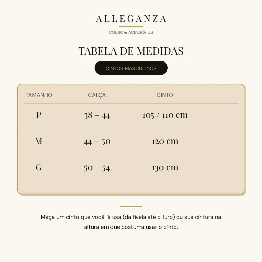 Tabela de medidas dos cintos Alleganza